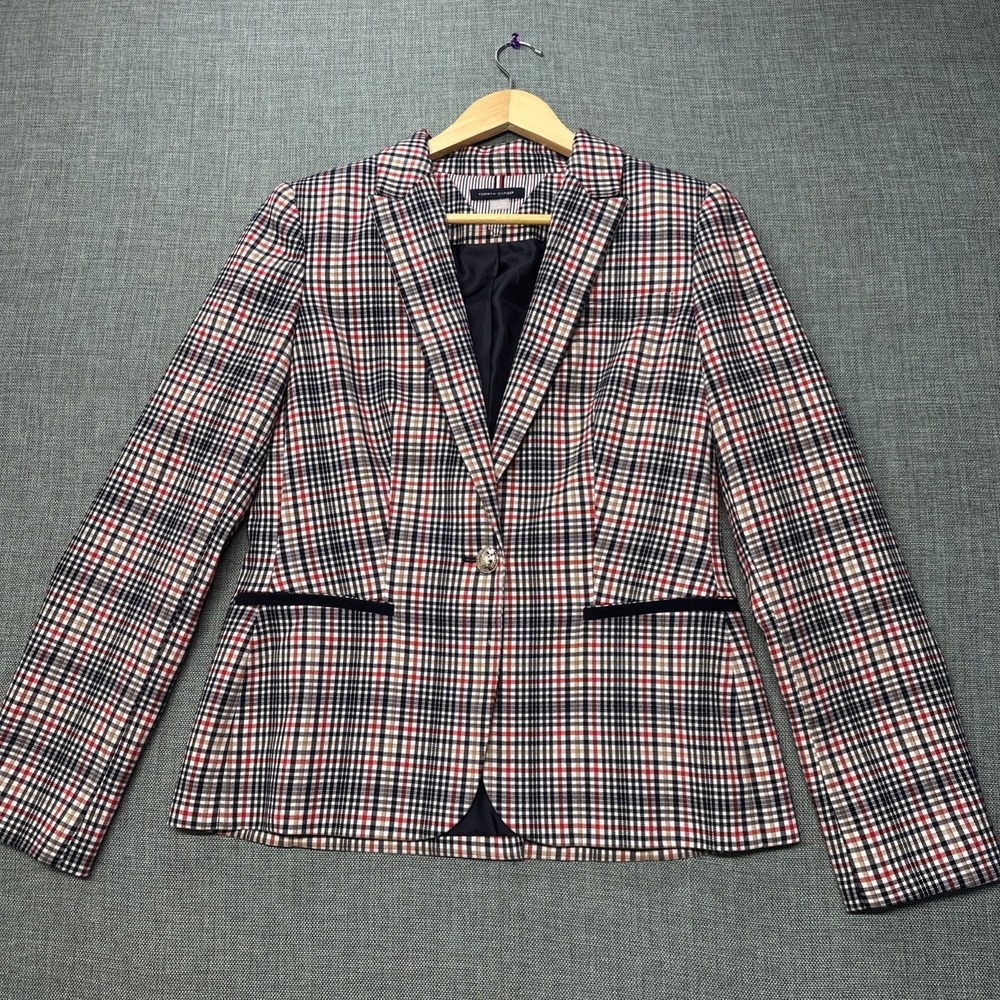 Tommy Hilfiger Blazer Women 8 Multicolor LIKE_NEW Plaid Elbow Patch Office